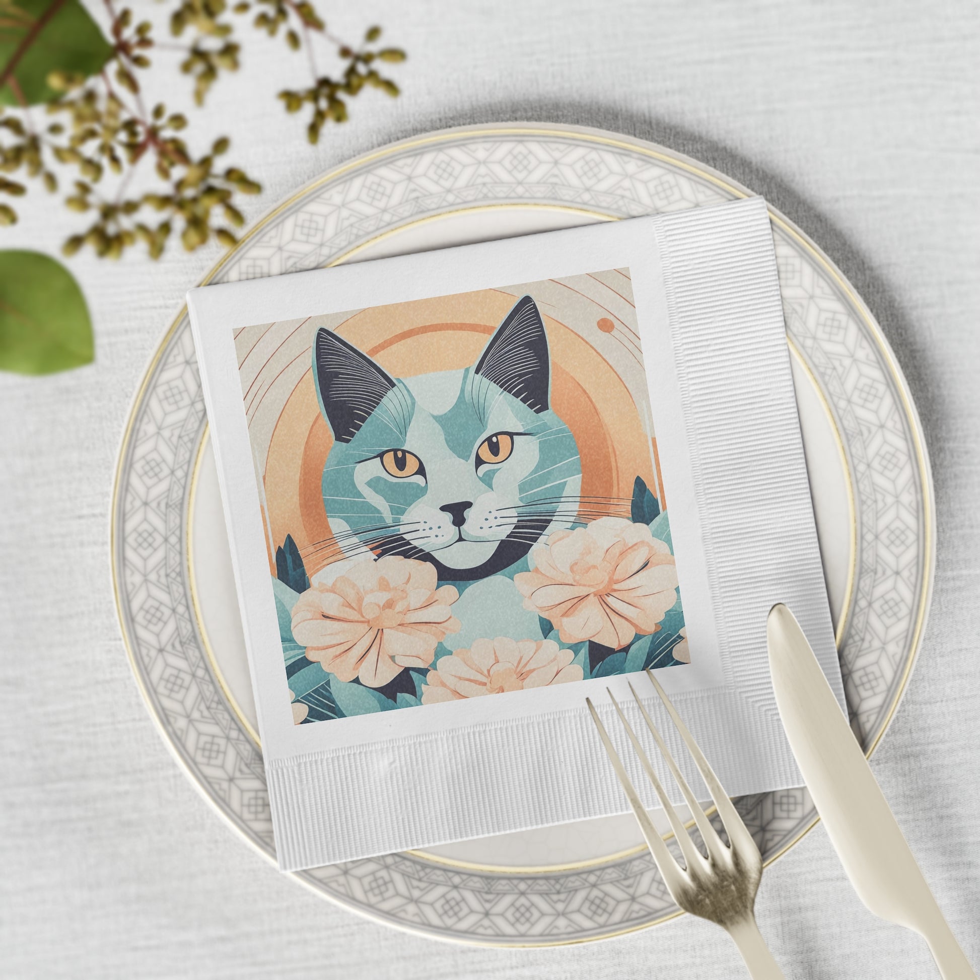 Leo Bluemane, Cat Floral Cocktail Napkins — Retro Blue Cat with Peach Roses, 2 sizes, Pack of 50 or 100