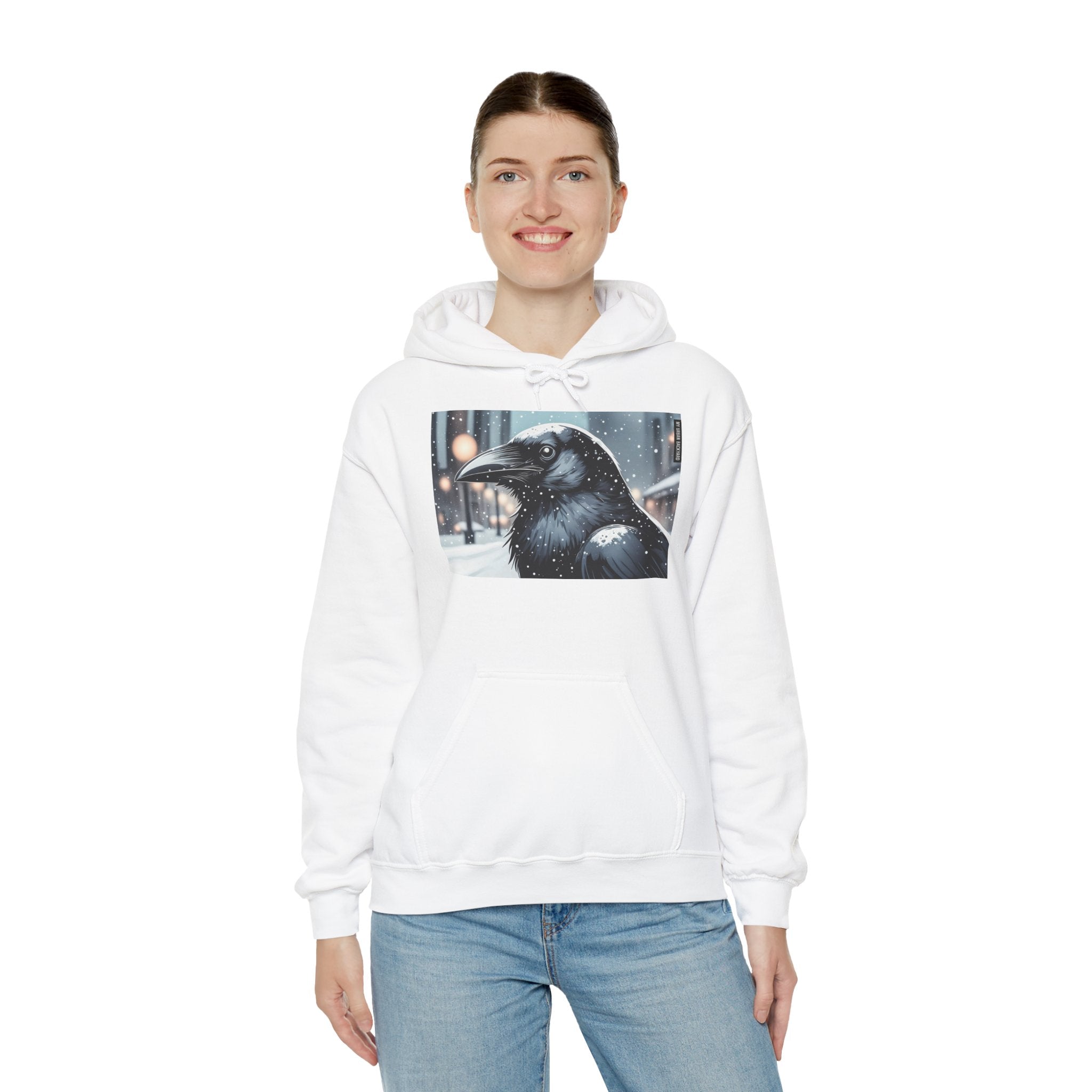 Urban Crow In Falling Snow Hoodie — Comfy Winter Graphic Hoodie
