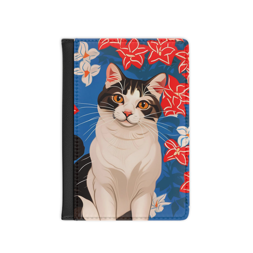 Cat with Red and White Flowers Passport Cover