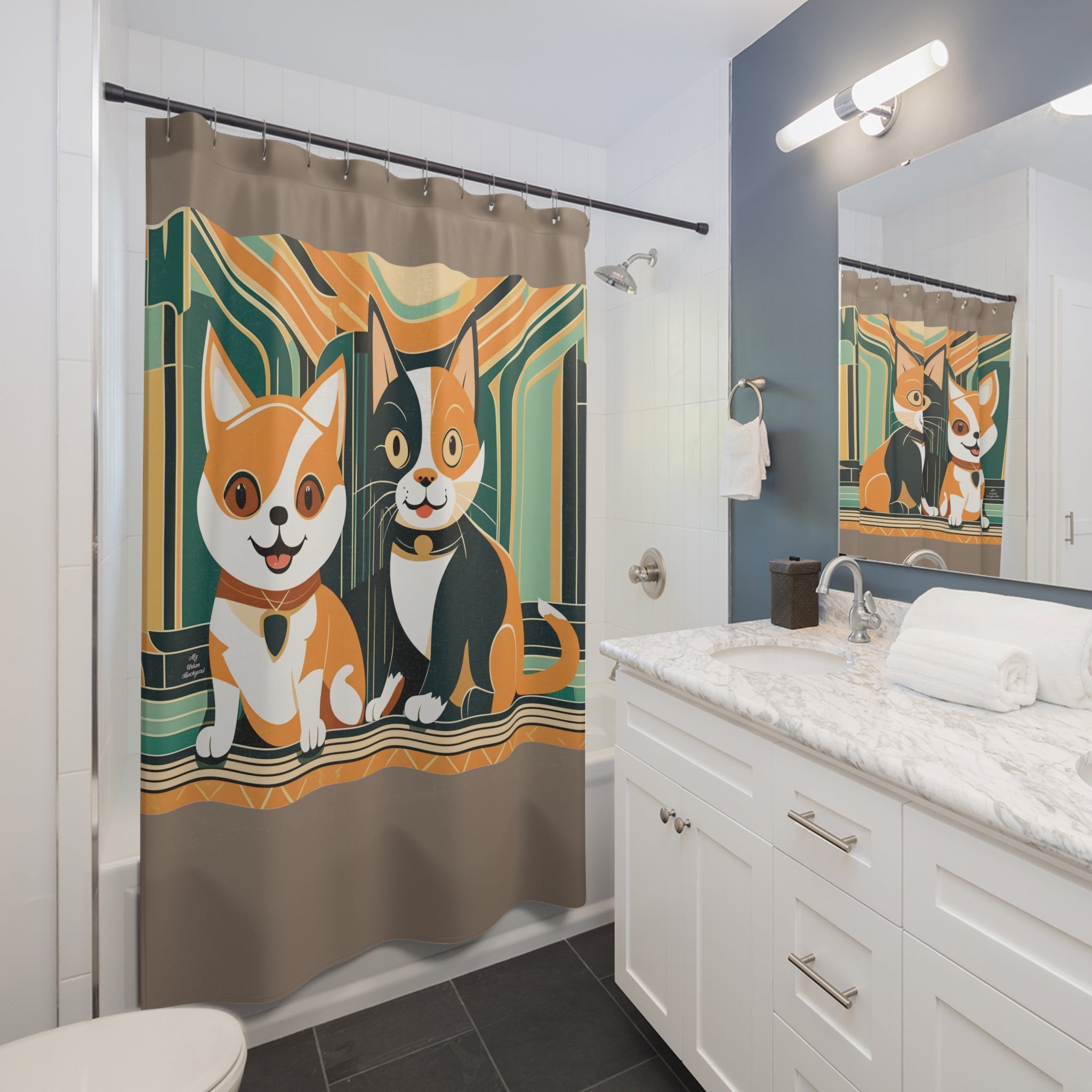 Taupe Shower Curtain with Two Kitties - 71" x 74"