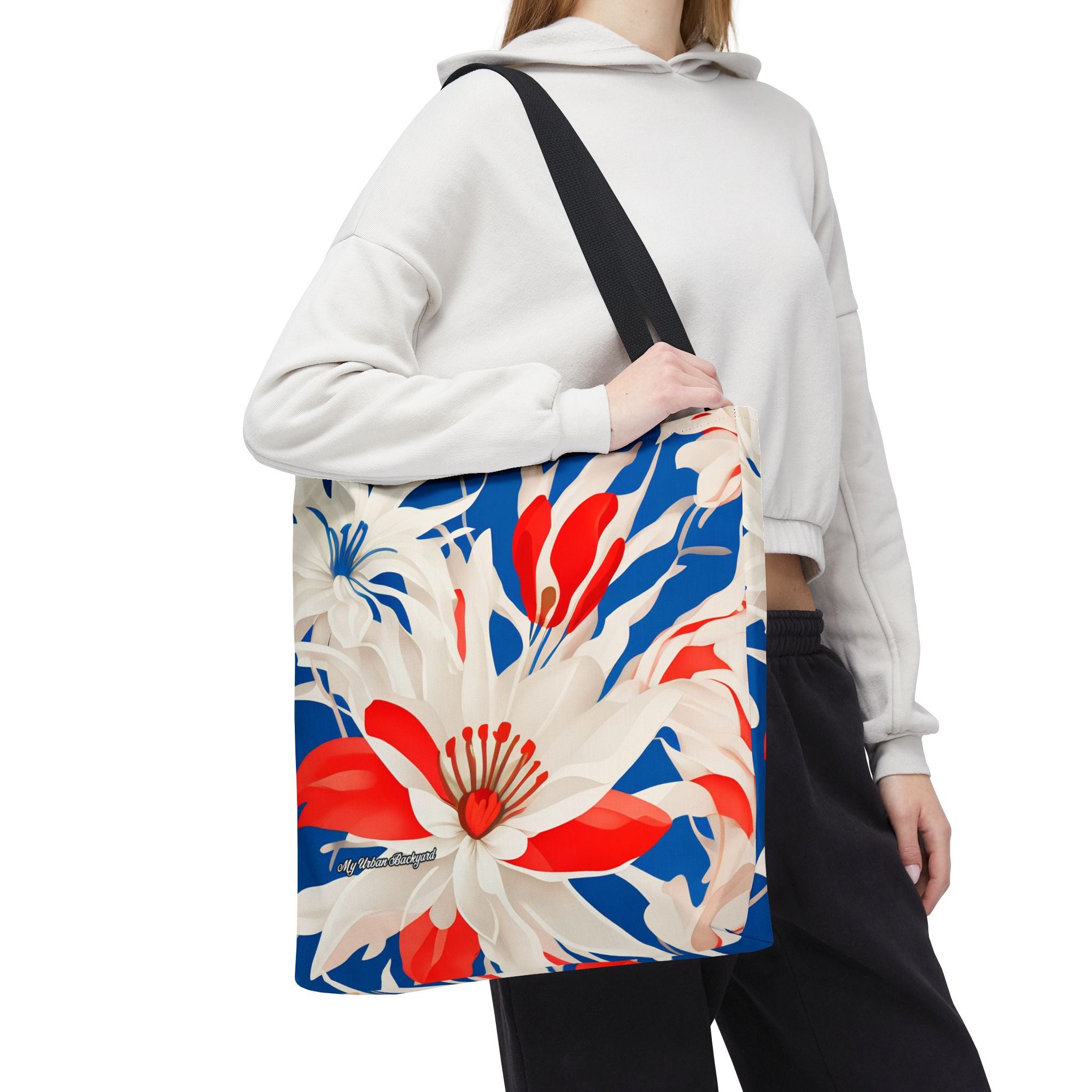 Red White & Blue Flowers Tote Bag with Cotton Handles For Everyday Use, 3 Sizes