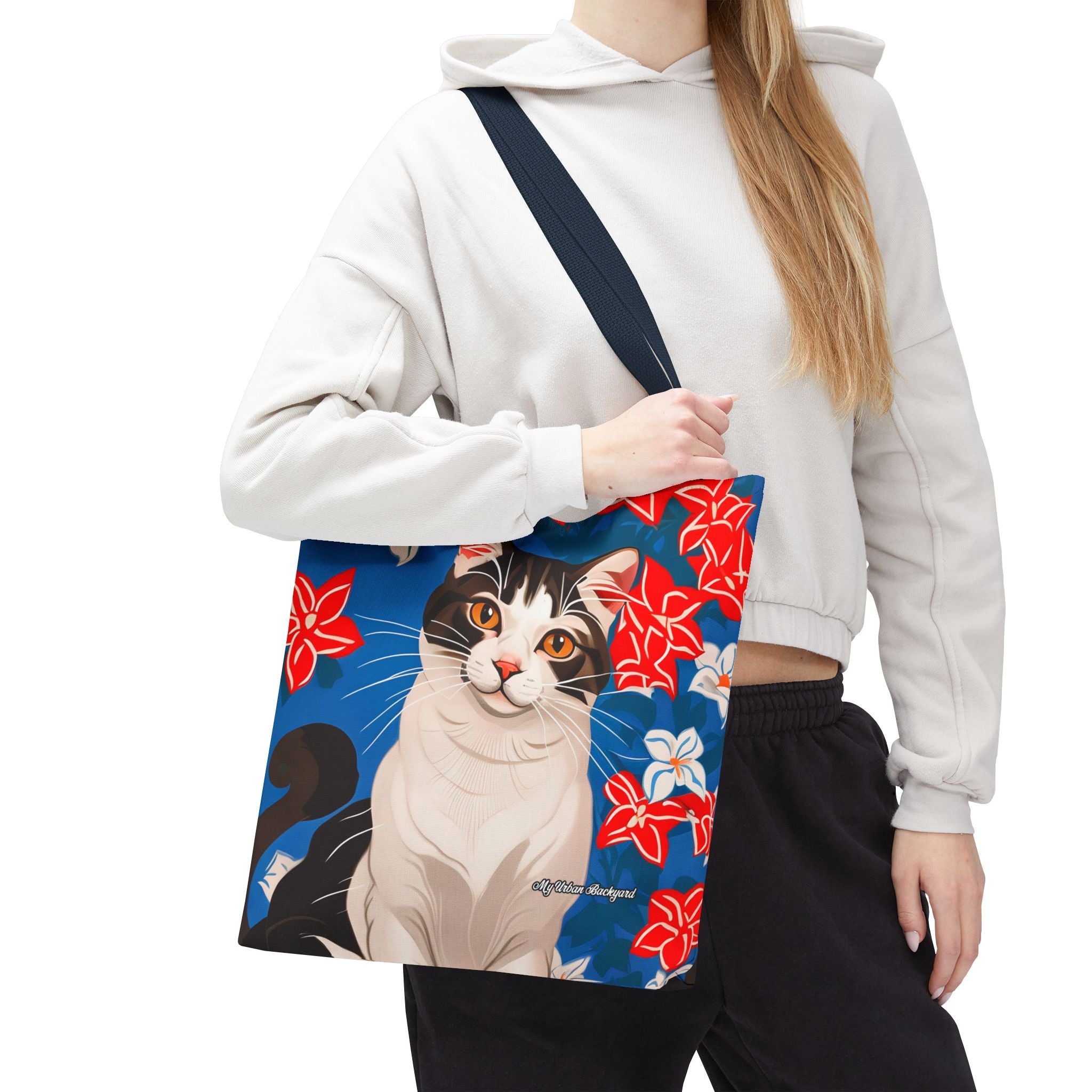 Cat with Red and White Flowers, Tote Bag with Cotton Handles For Everyday Use, 3 Sizes
