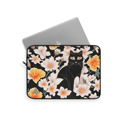 Black Cat with Flowers, Laptop Carrying Case, Top Loading Sleeve for School or Work