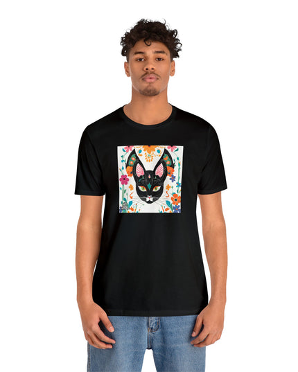 Black Cat w Green Eyes & Flowers, Soft 100% Jersey Cotton T-Shirt, Unisex, Short Sleeve, Retail Fit