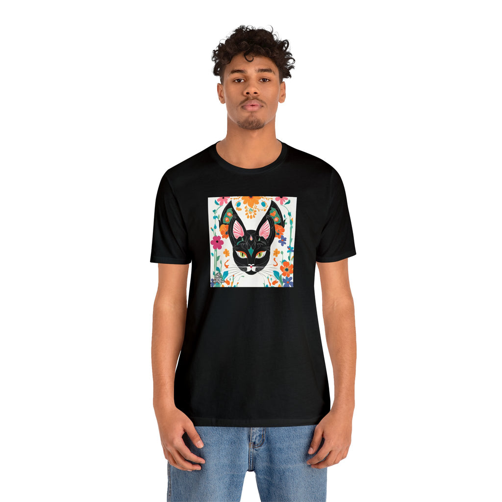 Black Cat w Green Eyes & Flowers, Soft 100% Jersey Cotton T-Shirt, Unisex, Short Sleeve, Retail Fit