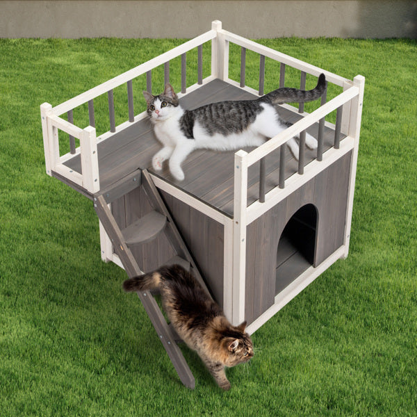 2-Story Outdoor Cat House, Wood Shelter with Fence and Staircase, Grey & White