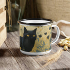 Enamel Camping Mug for Coffee, Tea, Hot Cocoa, Cereal, 12oz, Black Cat w Black Flowers