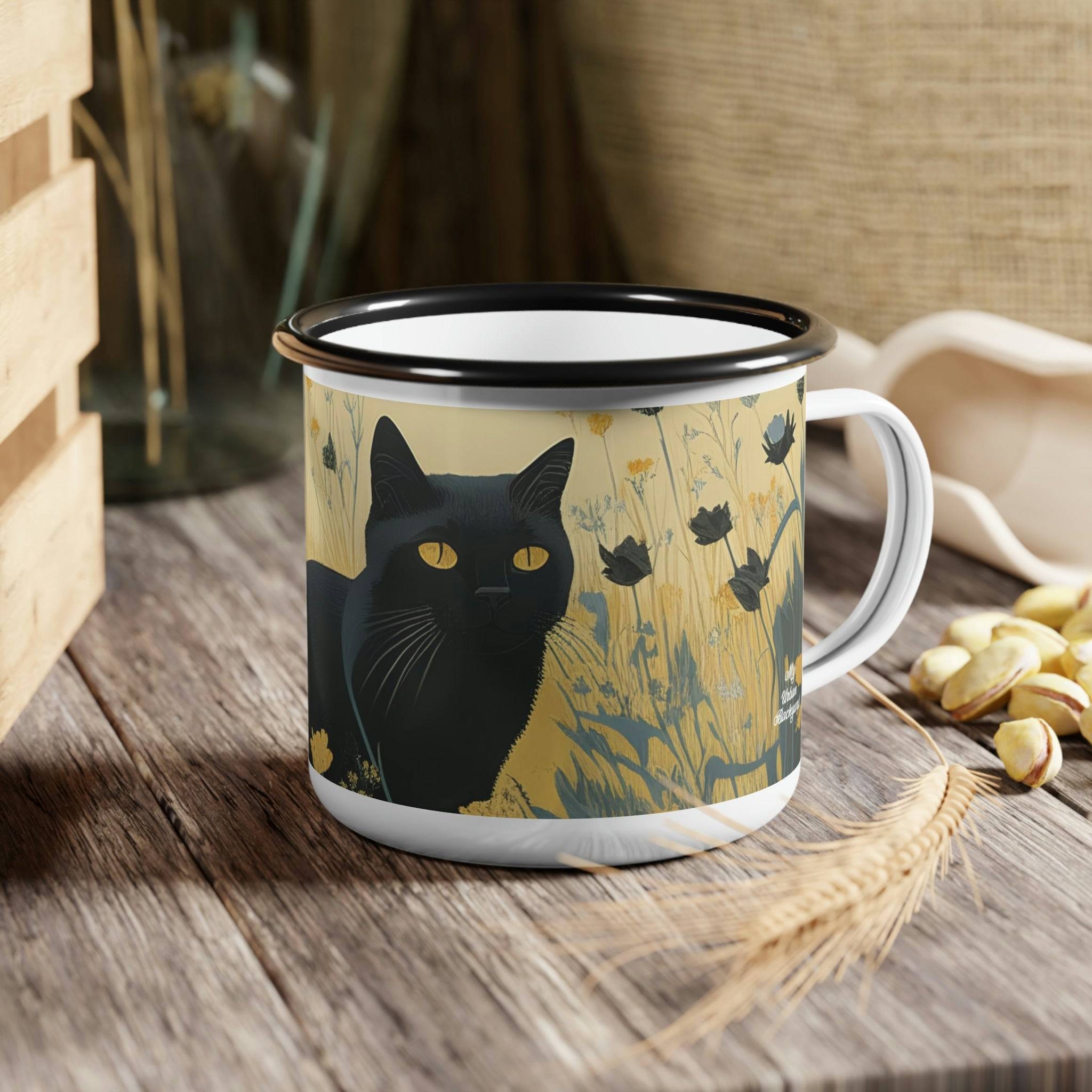 Enamel Camping Mug for Coffee, Tea, Hot Cocoa, Cereal, 12oz, Black Cat w Black Flowers
