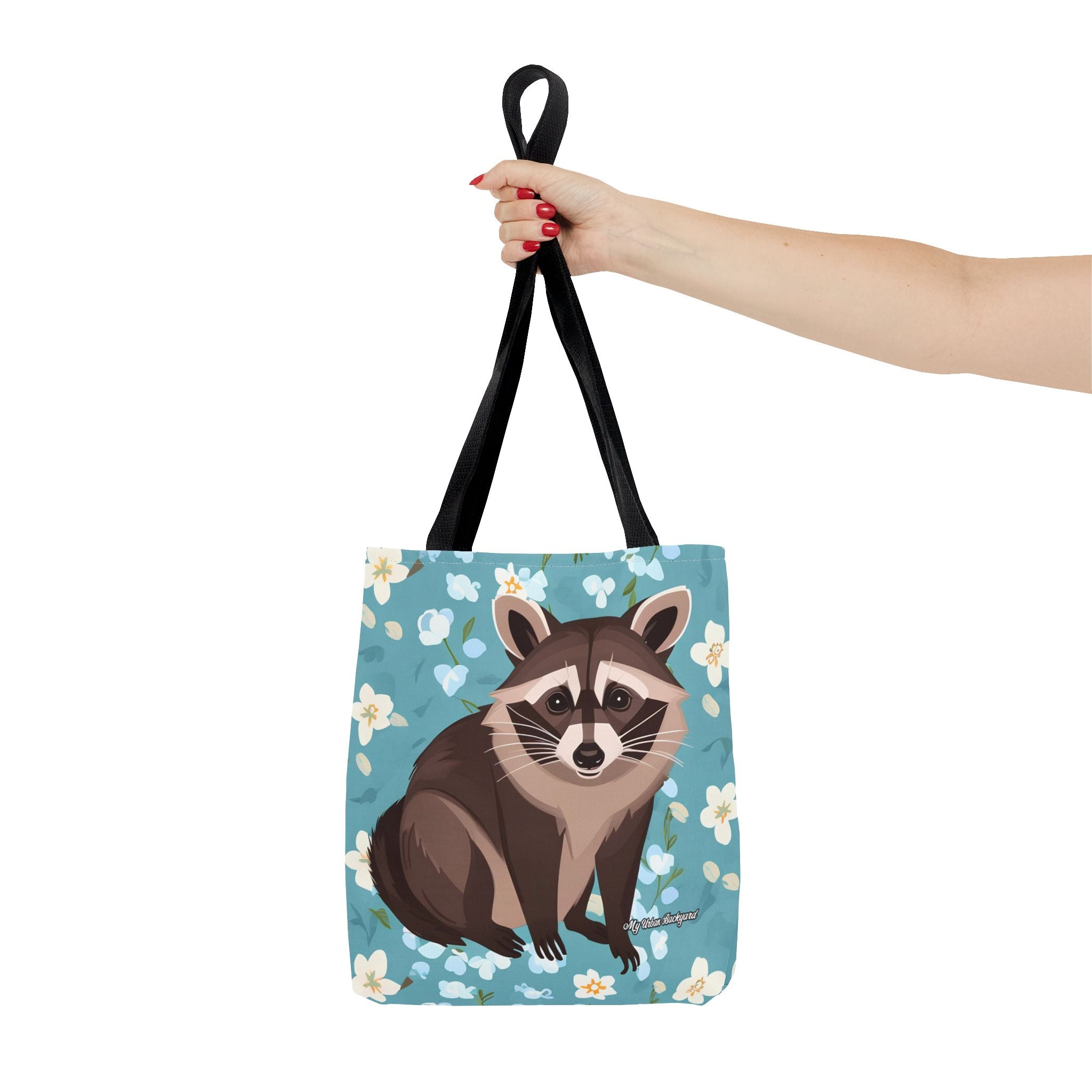 Young Raccoon w Flowers Tote Bag with Cotton Handles For Everyday Use, 3 Sizes