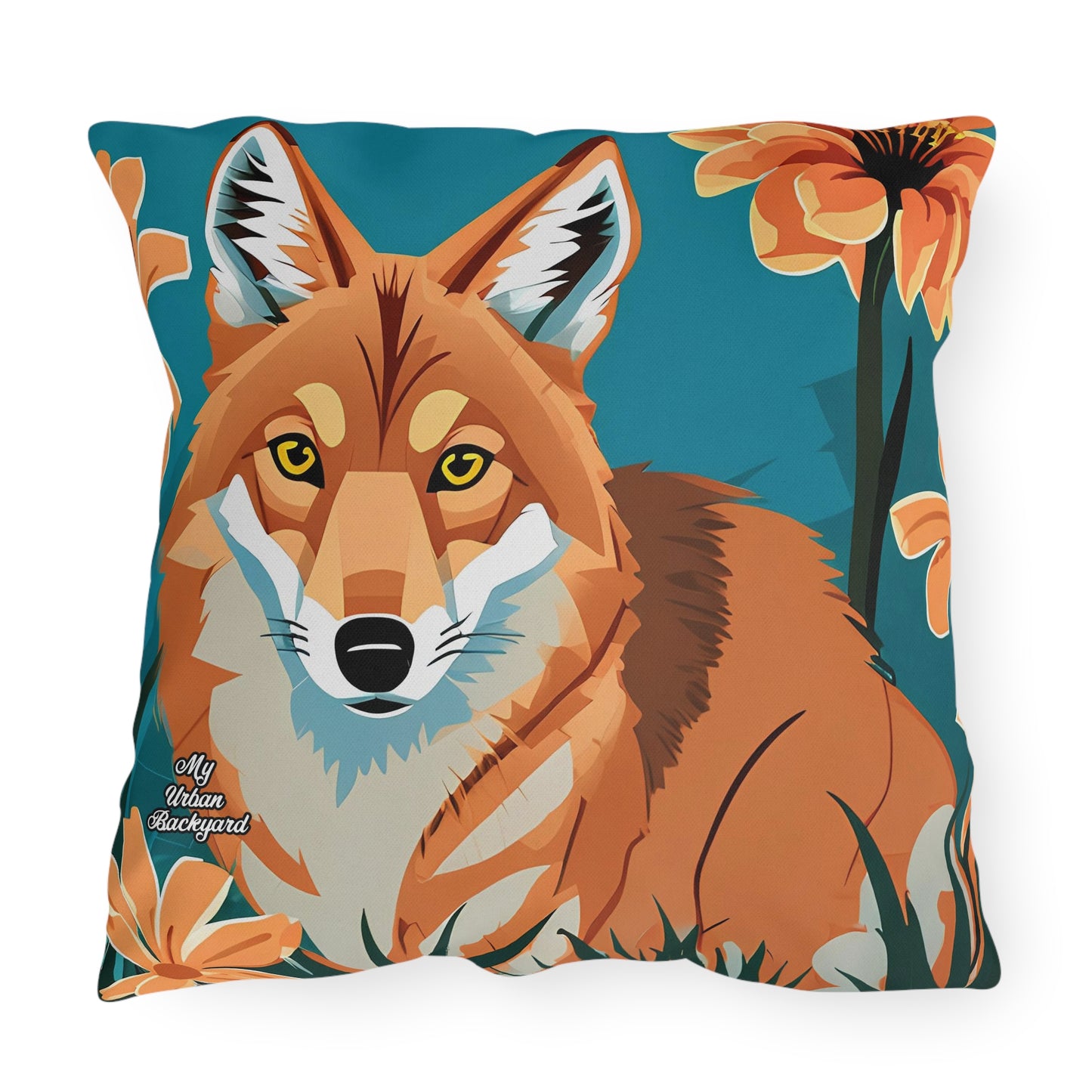 Coyote and Wildflowers, Sable accent color, Indoor/Outdoor Throw Pillow Decor for Patio or Office