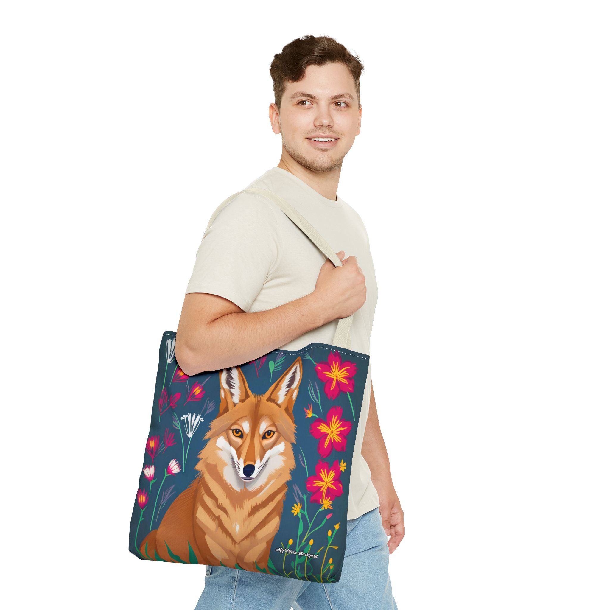 Coyote w Red Flowers Tote Bag with Cotton Handles For Everyday Use, 3 Sizes