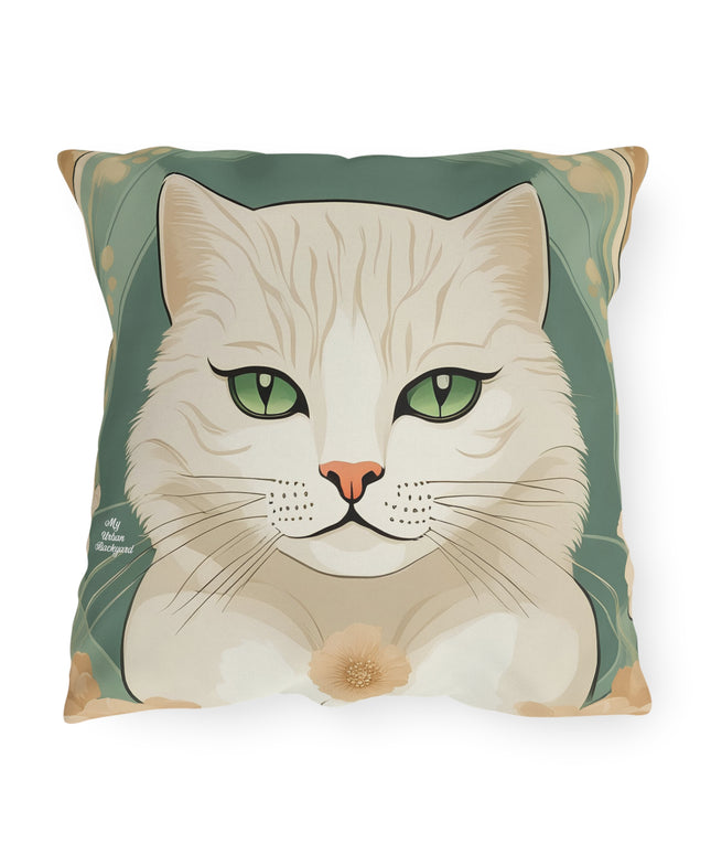 Blanca Purrington, Cat Throw Pillow, Slate Green accent color, Indoor/Outdoor Decor for Home or Office