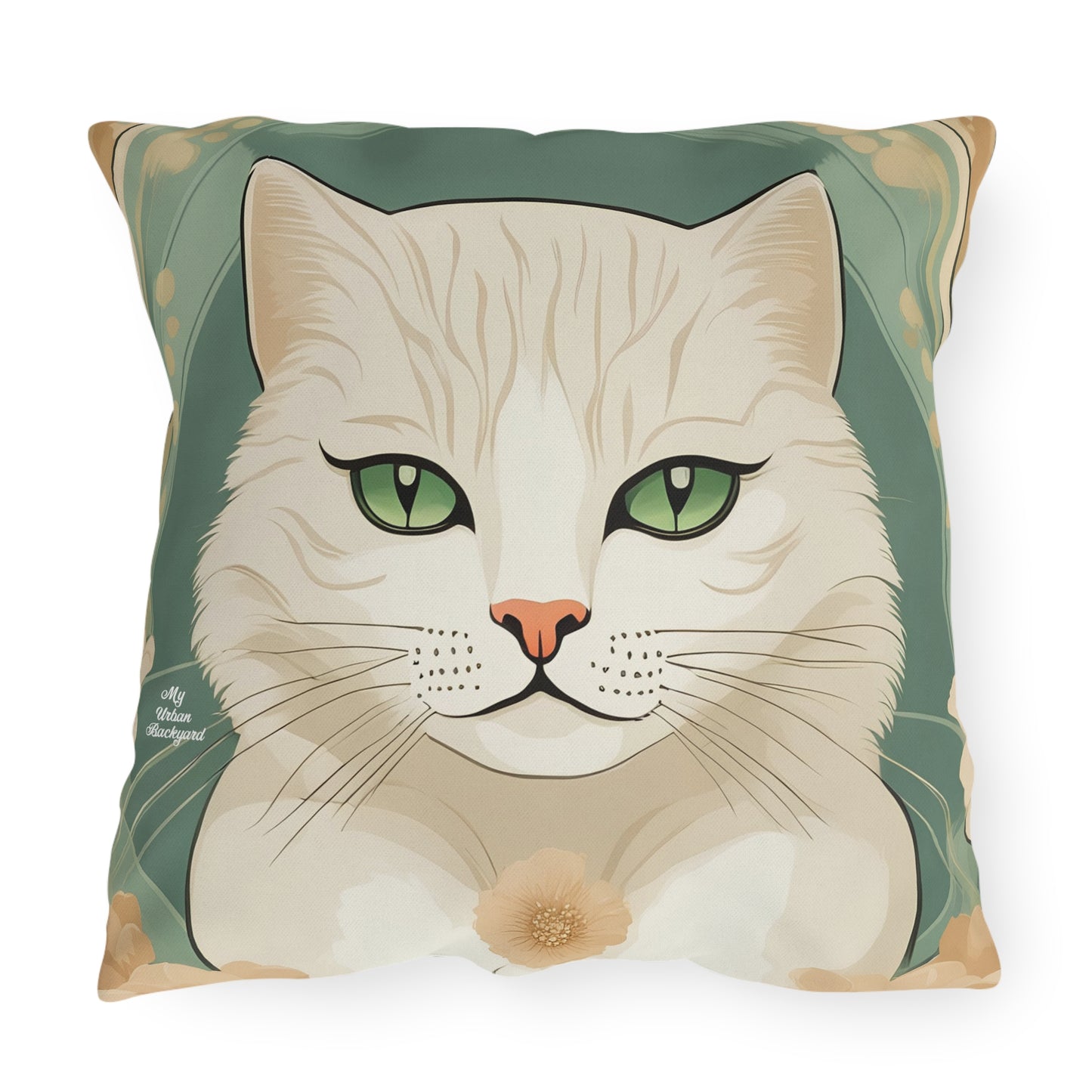 Green-Eyed Cat, Slate Green accent color, Throw Pillow, Indoor/Outdoor Decor for Home or Office