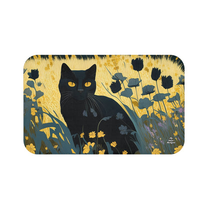 Black Cat with Black Flowers, Memory Foam Bath Mat - Cozy Bathroom Essential