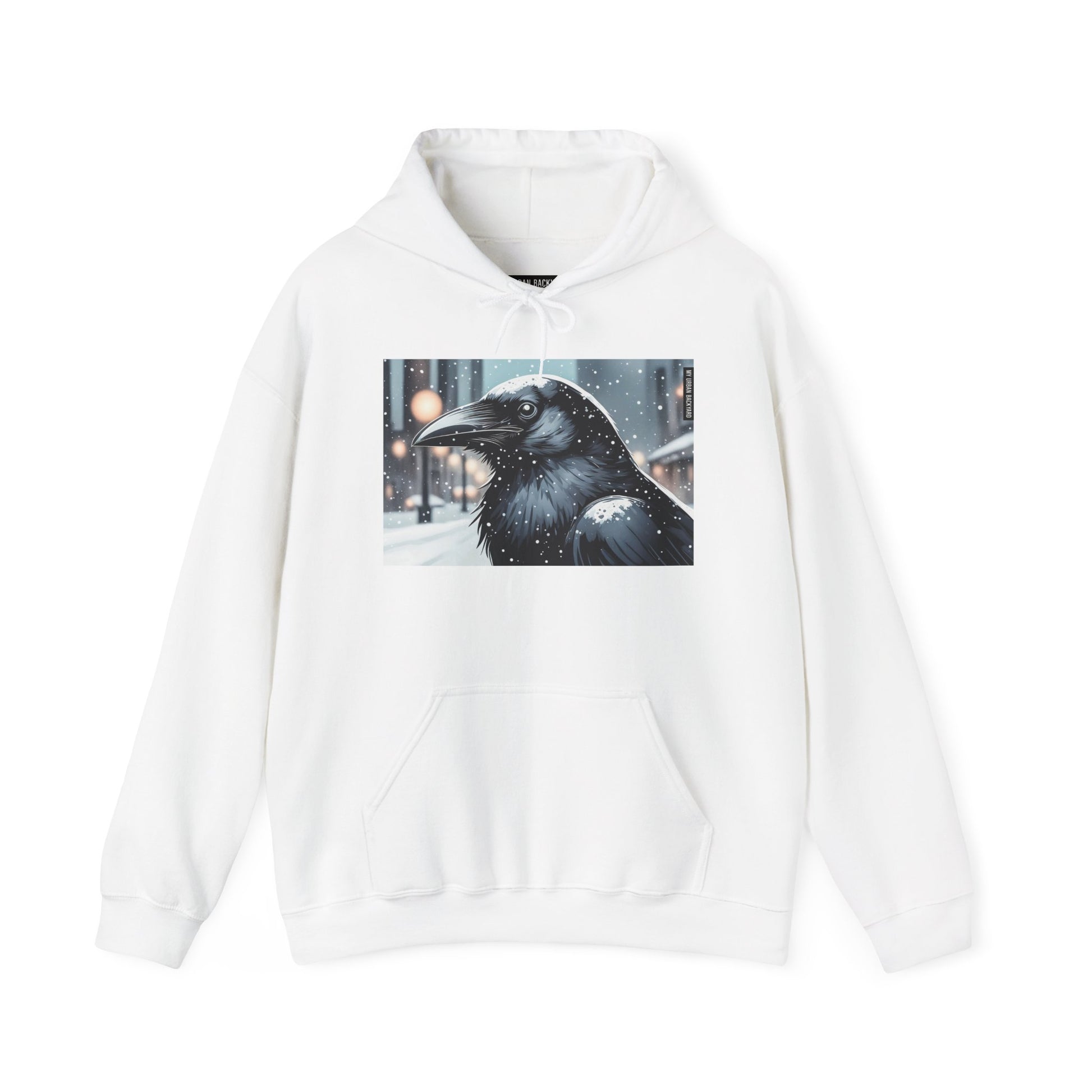 Urban Crow In Falling Snow Hoodie — Comfy Winter Graphic Hoodie