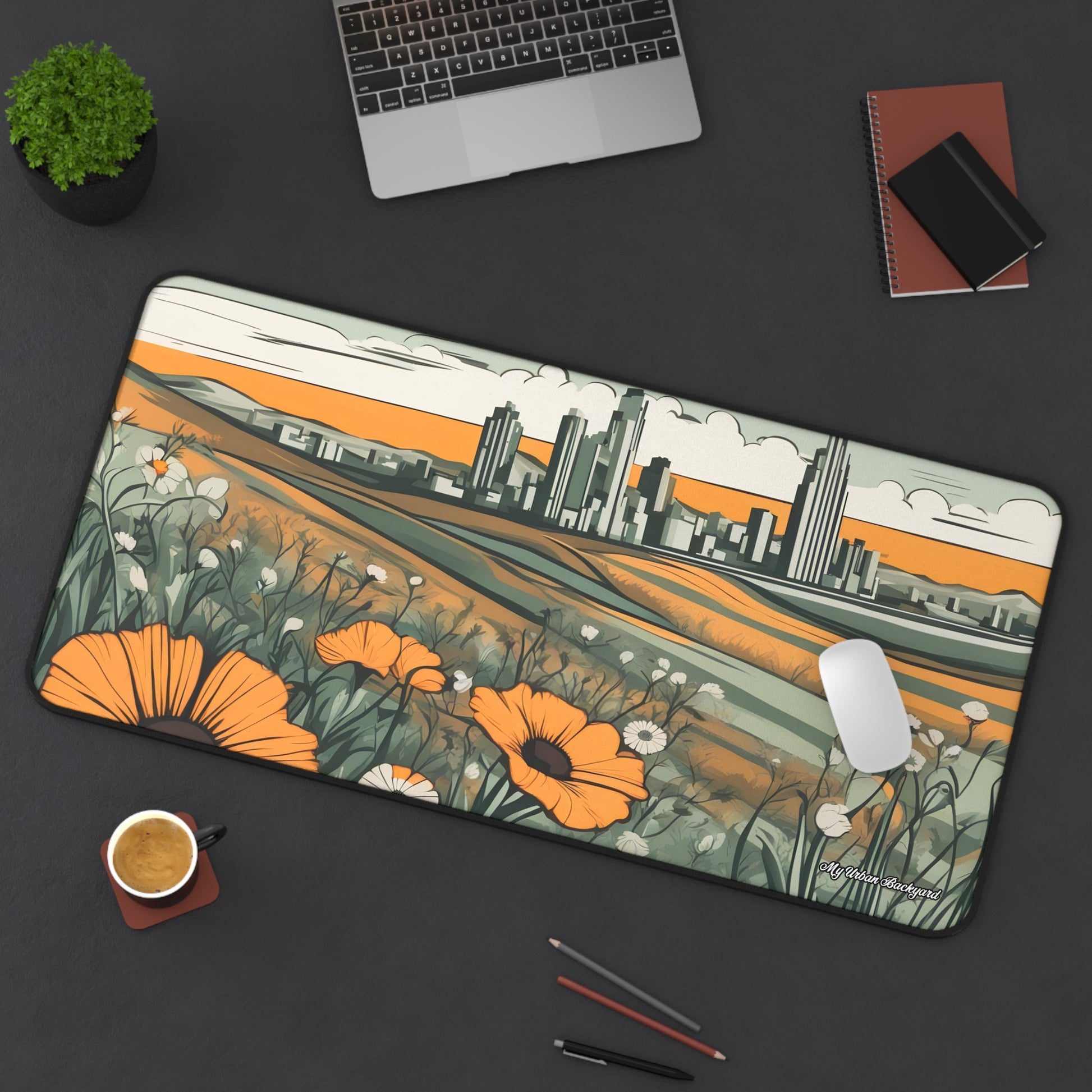 Cityscape Floral Desk Mat | Desktop Protector, Home Office Decor, Gift for Nature Lovers, Stylish Mousepad