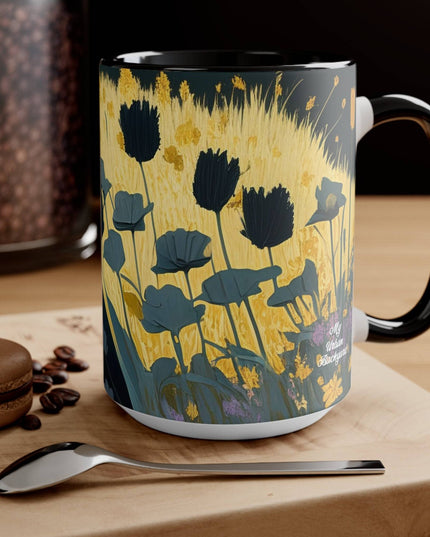 Ceramic Mug for Coffee, Tea, Hot Cocoa. Home/Office, Black Cat w Black Flowers