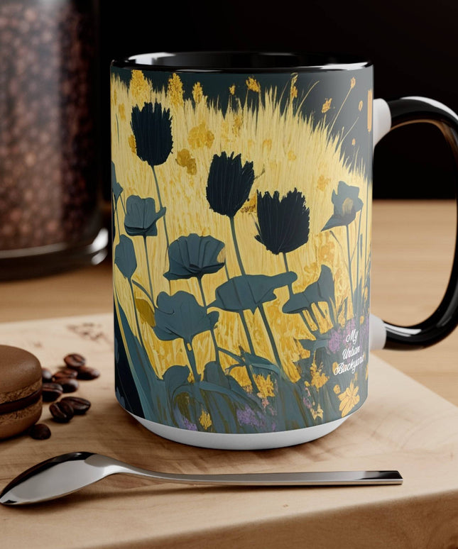 Ceramic Mug for Coffee, Tea, Hot Cocoa. Home/Office, Black Cat w Black Flowers