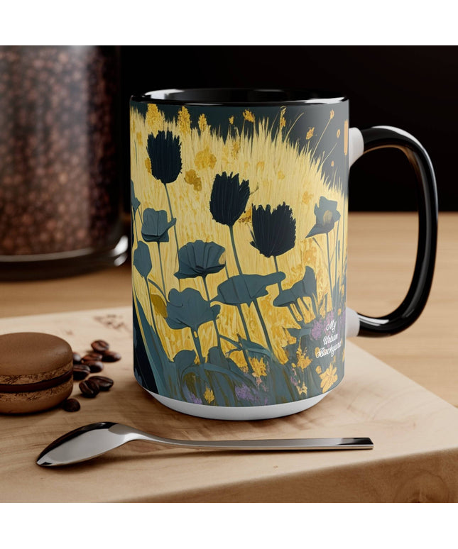 Ceramic Mug for Coffee, Tea, Hot Cocoa. Home/Office, Black Cat w Black Flowers
