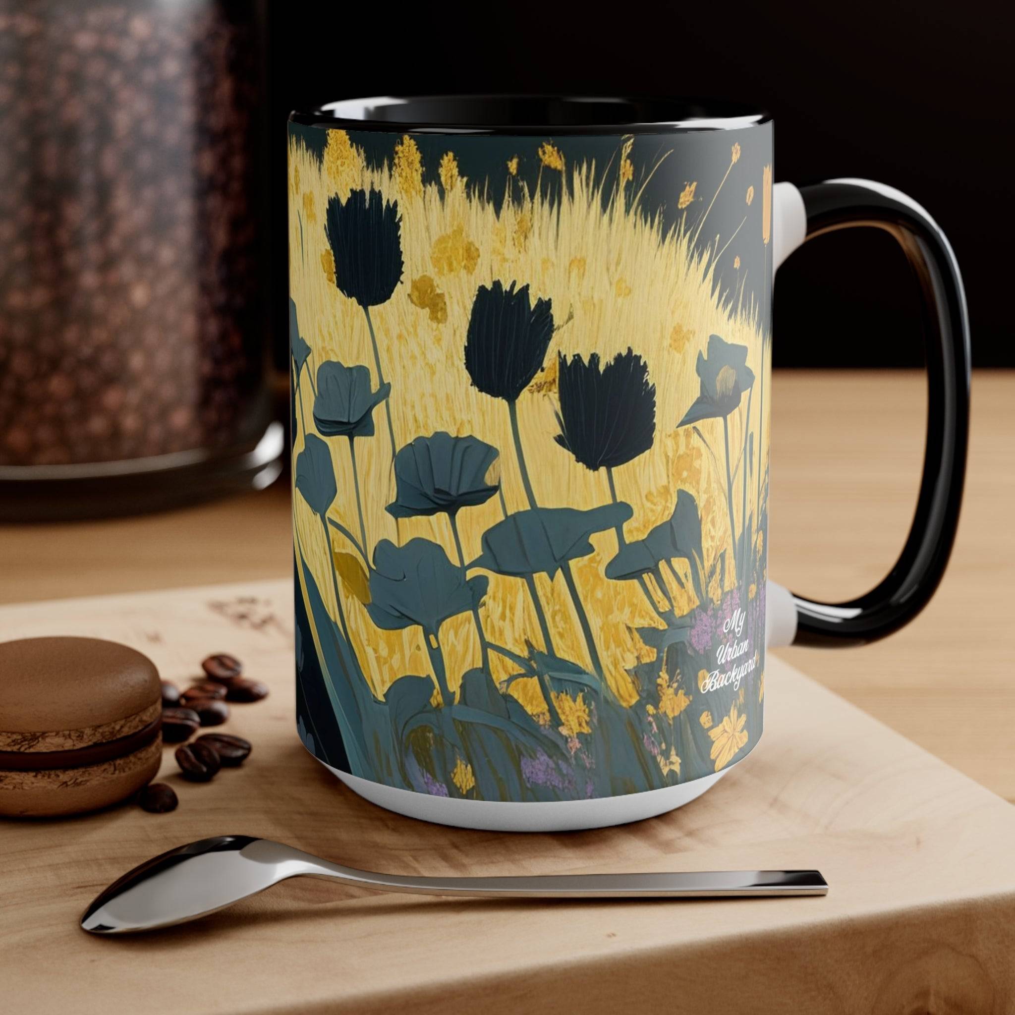 Ceramic Mug for Coffee, Tea, Hot Cocoa. Home/Office, Black Cat w Black Flowers