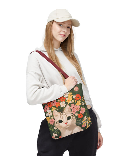 White Cat with Flowers Tote Bag with Cotton Handles For Everyday Use, 3 Sizes