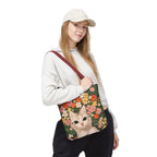 White Cat with Flowers Tote Bag with Cotton Handles For Everyday Use, 3 Sizes
