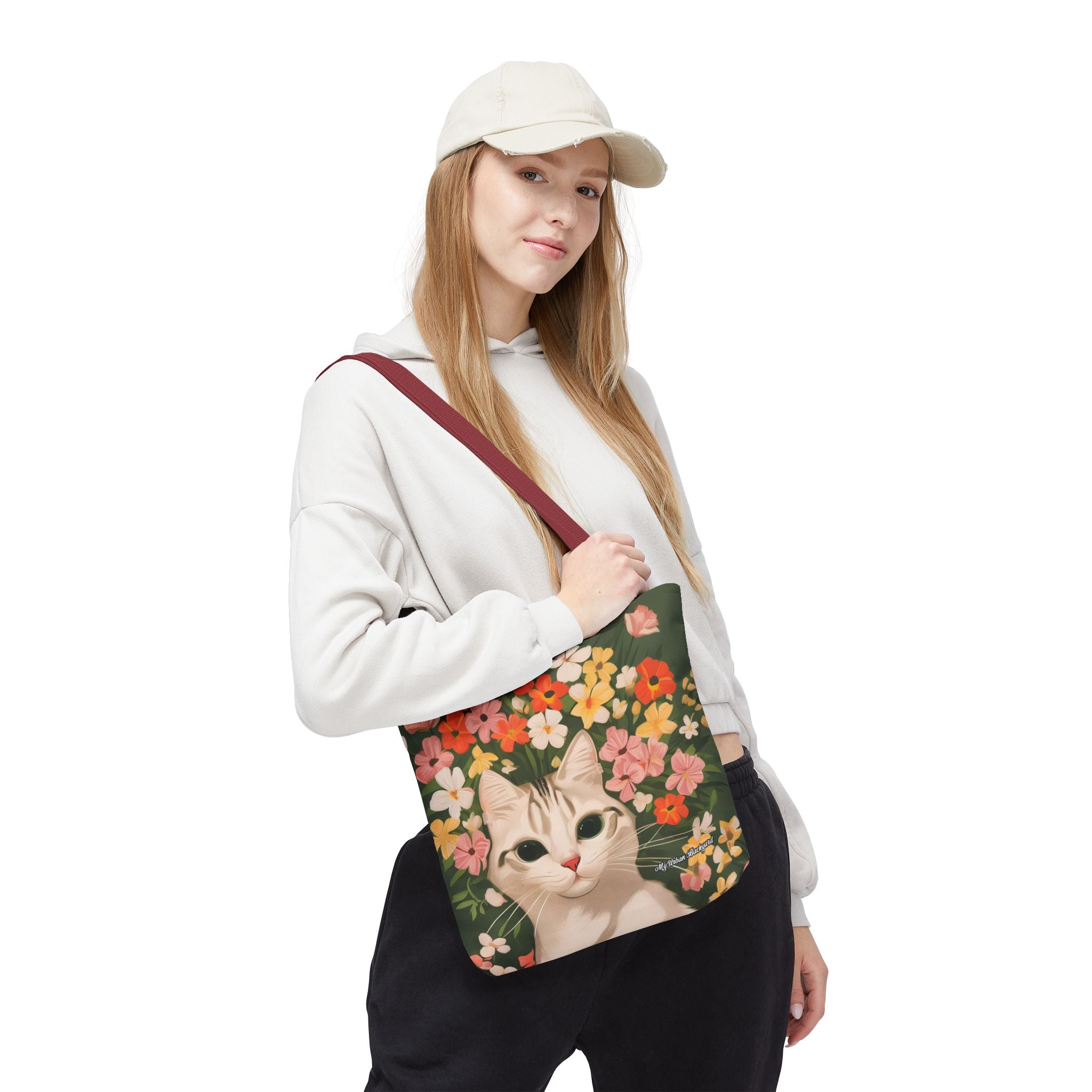 White Cat with Flowers Tote Bag with Cotton Handles For Everyday Use, 3 Sizes