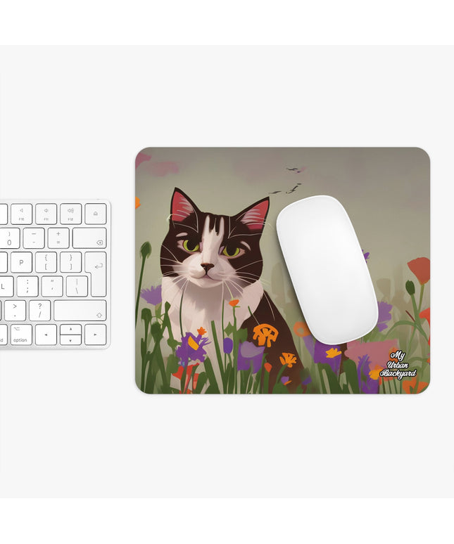 Tuxedo Cat with Flowers, Computer Mouse Pad - for Home or Office