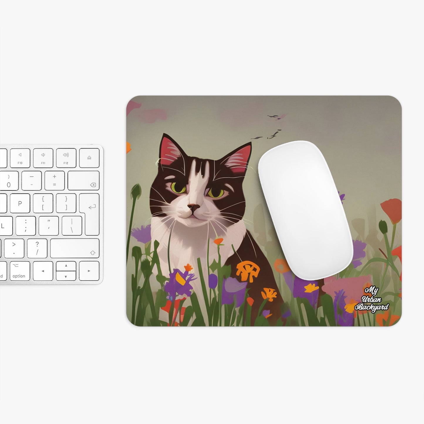 Tuxedo Cat with Flowers, Computer Mouse Pad - for Home or Office