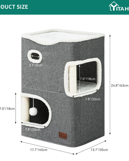 YIATHOME 2 Storey Cat House, Cat Beds for Indoor Cats, Small Cat Condo with Scratch Post and Hideaway Cave, Modern Cat Cube Playhouse for Multi Kittens, Classic Style, Grey