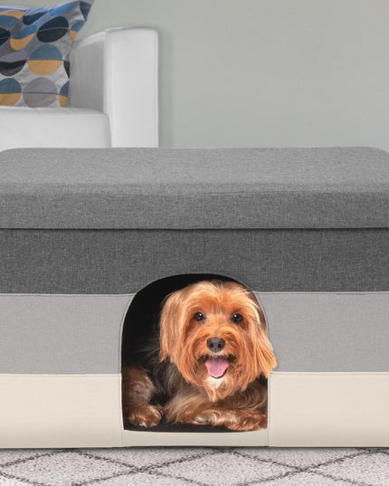 Furhaven Pet House for Indoor Cats & Medium/Small Dogs, Collapsible & Foldable w/ Plush Ball Toy - Living Room Ottoman Cat Condo - Hygge Stripe (Gray/Cream), Large