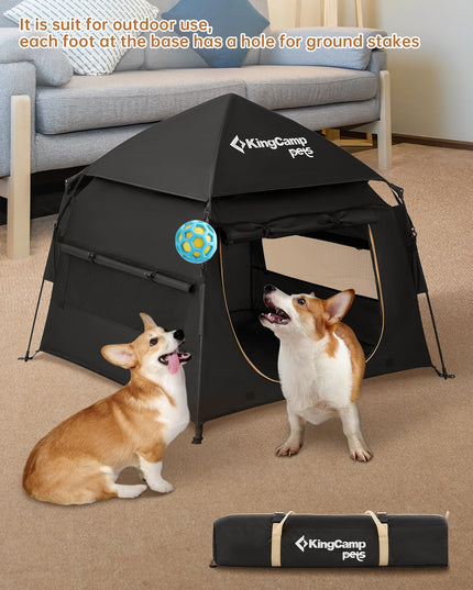 KingCamp Large Automatic Pop-Up Dog Tent, Portable Dog House for Indoor&Outdoor Use, Cozy Dog Bed Tent with Rain Hood, Black, 39.37" x 39.37" x 29.53"