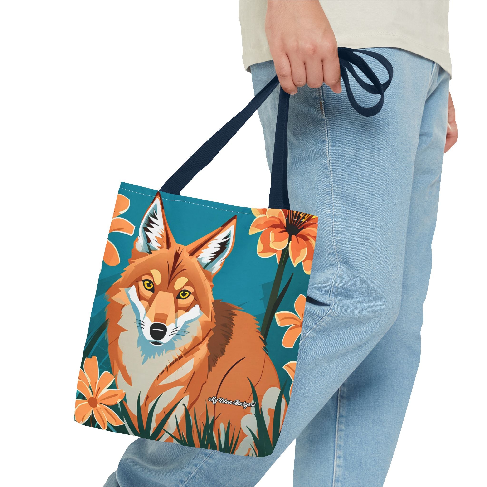 Coyote with Flowers Tote Bag with Cotton Handles For Everyday Use, 3 Sizes