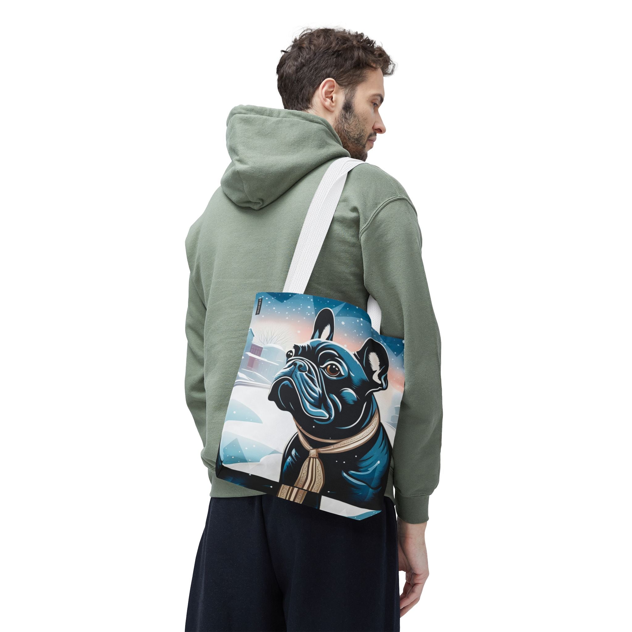 French Bulldog Winter Tote Bag — Snowy Pup All-Over Print Tote