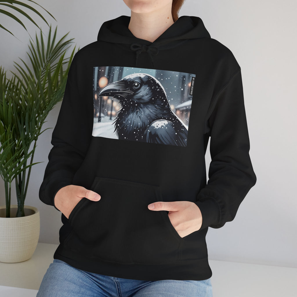 Urban Crow In Falling Snow Hoodie — Comfy Winter Graphic Hoodie