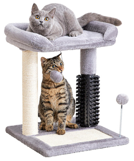 Made4Pets Small Cat Tree Tower, 4-in-1 Scratching Post With Self Groomer Brush, 20" Tall Natural Sisal Scratcher, Soft Plush Perch Bed With Dangling Ball for Indoor Kittens, Grey