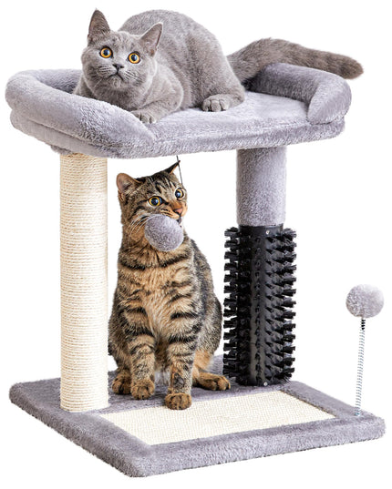 Made4Pets Small Cat Tree Tower, 4-in-1 Scratching Post With Self Groomer Brush, 20" Tall Natural Sisal Scratcher, Soft Plush Perch Bed With Dangling Ball for Indoor Kittens, Grey