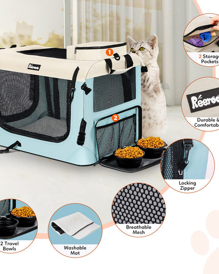 Reerooh Large Cat Carrier 24"x17"x17", Soft Dog Crate with 2 Bowls, Collapsible Travel Pet Carrier Bag for Cats Dogs Puppies Kittens (Blue)