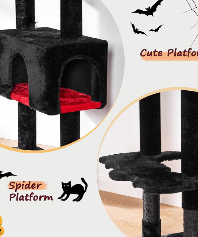 BEWISHOME Large Gothic Cat Tree with Coffin Bed, 63" Multi-Level Goth Cat Tree Tower for Large Cats with Cat Condo, Scratching Posts, Cat Activities Center Halloween Pet Furniture Black MMJ96R