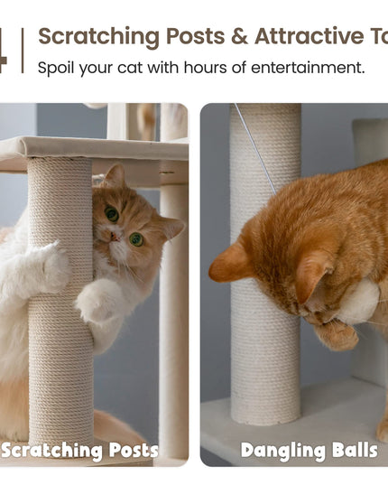 MWPO Large Modern Cat Tree, 70.1-Inch Wood Cat Tower for Indoor Cats, Multi-Level Tall Cat Condo with 2 Padded Perches, Hammock, Scratching Posts, Dangling Toys, Beige