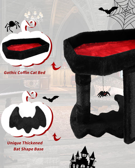 PuzzlePaw Gothic Cat Tree Tower with Coffin Cat Bed for Indoor Cats, Halloween Spooky Cat Scratcher,Goth Cat Tree with Sisal Scratchig Post and Spider Dangling Toys,Black with Red