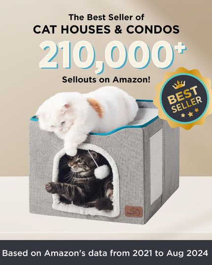 Bedsure Cat Beds for Indoor Cats - Large Cat Cave for Pet Cat House with Fluffy Ball Hanging and Scratch Pad, Foldable Cat Hideaway,16.5x16.5x13 inches, Grey