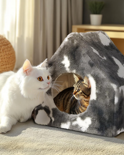 ComSaf Cat Bed Cave House - Winter Pet House with Fluffy Covered Cat Beds for Indoor Cats, Detachable Washable Plush Cat Hideaway Hut for Kitten Rabbit, Sturdy Cat Beds & Furniture Gifts, Grey