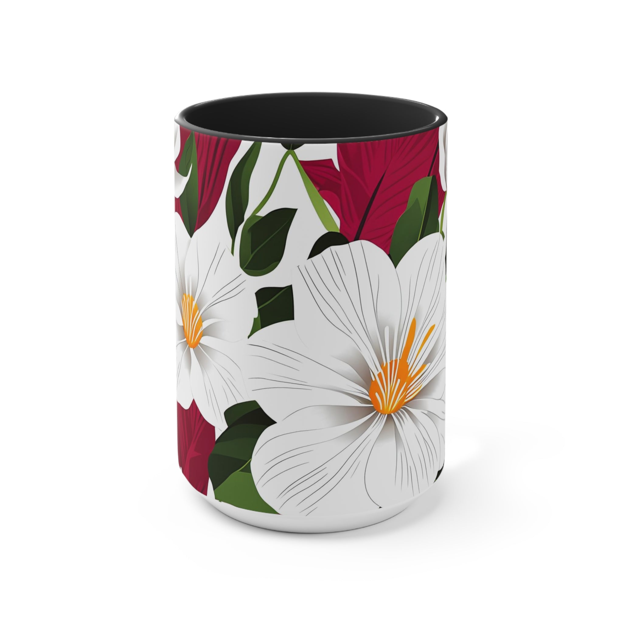 White Flowers on Red, Ceramic Coffee Mug