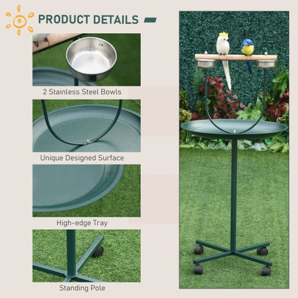 Cageless Bird Feeder Station, Rolling Perch With Four Wheels, Stainless Steel Feeding Bowls, Round Tray, Green