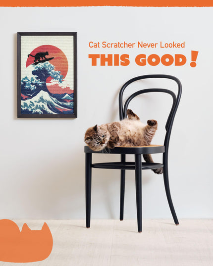 PURRDEE 14x20 Wall Mounted Cat Scratcher, Decorative Cat Scratching Board with Sisal Surface & Wooden Frame, Removable Hook-and-Loop Mounting Strip, Unique & Functional Cat Gift (Great Wave)