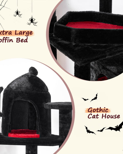BEWISHOME Large Gothic Cat Tree with Coffin Bed, 63" Multi-Level Goth Cat Tree Tower for Large Cats with Cat Condo, Scratching Posts, Cat Activities Center Halloween Pet Furniture Black MMJ96R