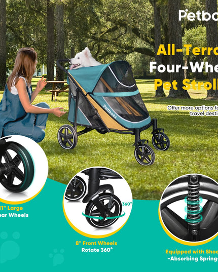 Petbobi Dog Stroller for Medium Dogs - Easy Fold Dual Entry Pet Stroller with One-Foot Brake, All Terrain Wagon Cart with Large Air Mesh, Ideal for Large Senior Pets up to 80 lbs, Green