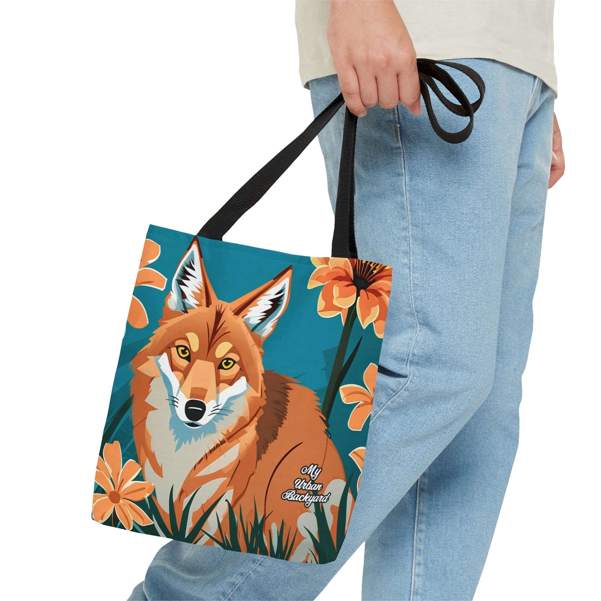Everyday Tote Bag w Cotton Handles, Reusable Shoulder Bag, Coyote w Flowers