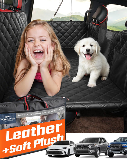Bearcover Hard Bottom Car Seat Cover for Dogs, PU+Plush Dog Car Seat Cover for Back Seat, Waterproof Backseat Extender for Dogs in Car, Large Pet Hammock Bed with Rear Door Protector for Car SUV Truck